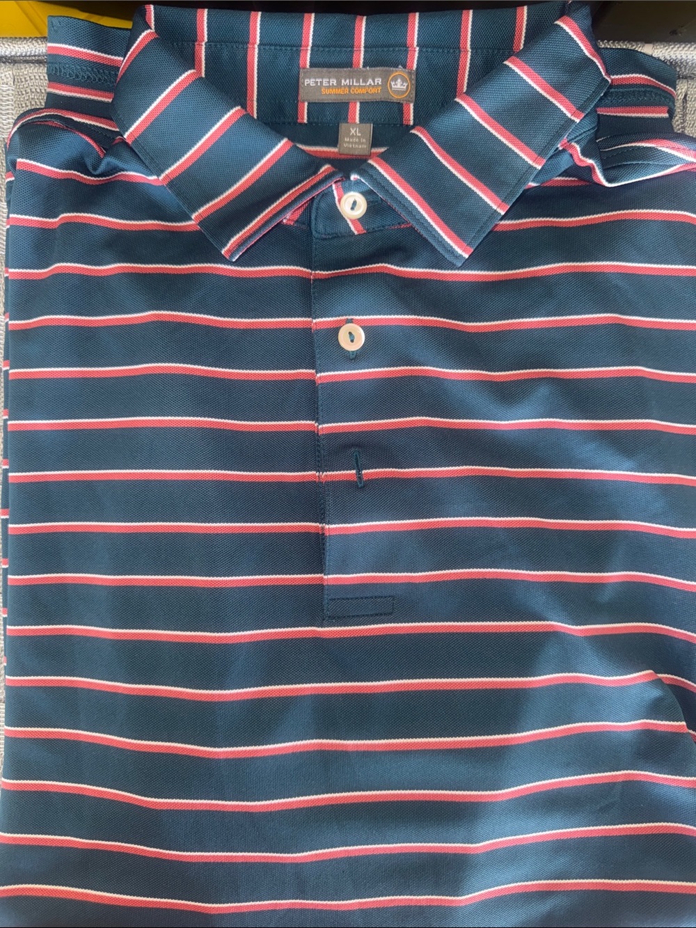 Peter Millar Navy Polo with Pink and White Stripes SUMMER COMFORT SIZE XL